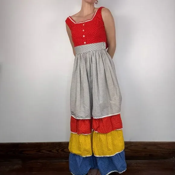 Vintage Handmade Prairie Tiered Cotton Dress / Ric-Rac, Fitted Folk Cottagecore - Picture 10 of 14